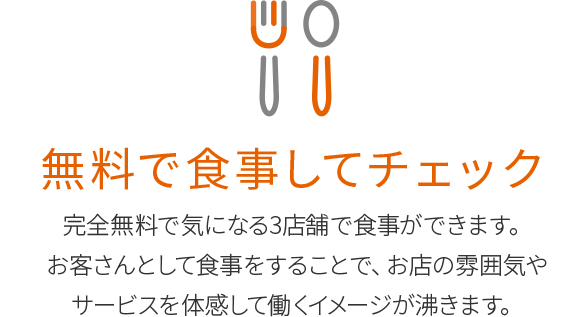 無料で食事してチェック
完全無料で気になる3店舗で食事ができます。
お客さんとして食事をすることで、お店の雰囲気や
サービスを体感して働くイメージが沸きます。